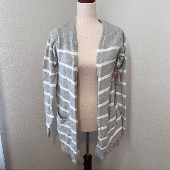 NWT Sigrid Olsen Women's Small Gray Cardigan Striped Sweater Pockets Open Thick - Picture 1 of 9